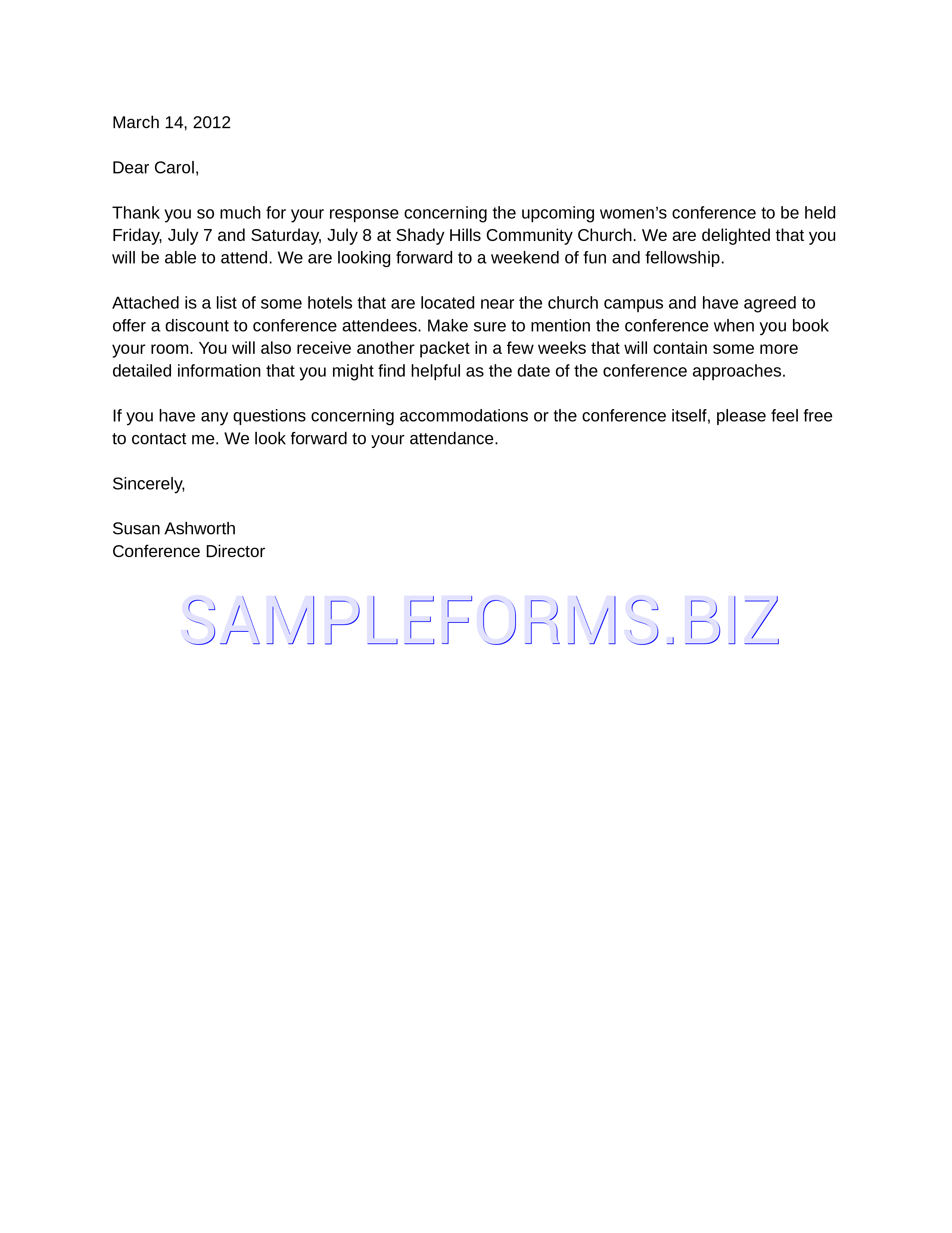 Preview free downloadable Sample Informal Confirmation Letter in PDF (page 1)